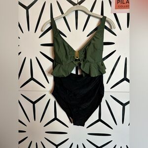 NWT B2prity Tummy Control One-Piece Ruffled Swimsuit Army Green & Black Size M